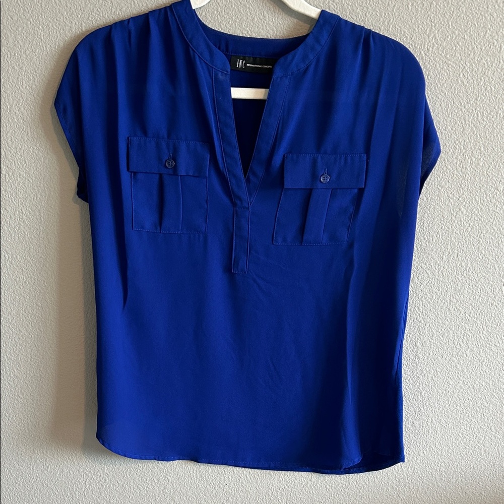 INC International Concepts Vibrant Blue V-Neck Blouse